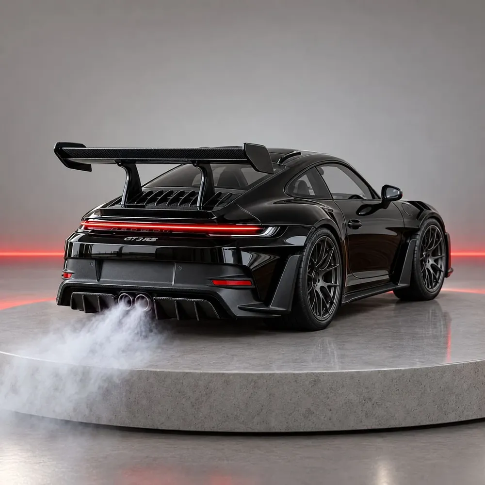 Black GT: miniatura de esportivo preto com aerofólio e faixa de luz vermelha, soltando névoa sobre uma base de concreto