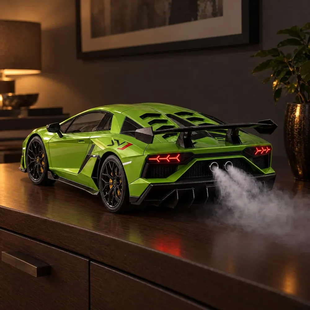 Green V12: miniatura de supercarro verde em cima de um móvel de madeira, soltando névoa branca pelo escapamento